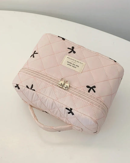 Bow Embroidered Quilted Storage Bag with Zip