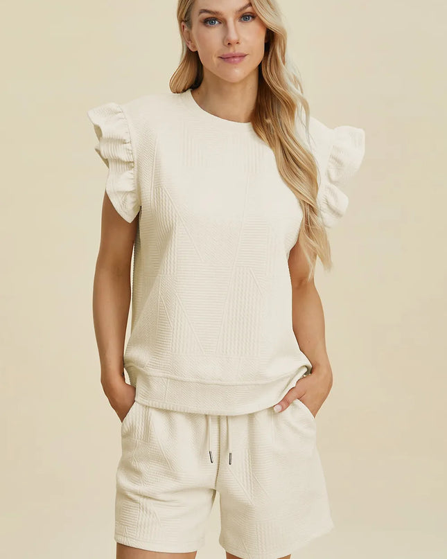 Double Take Full Size Texture Round Neck Ruffle Sleeve Top and Shorts Set Cream