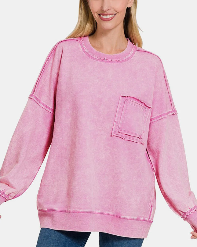 Zenana Exposed Seam Round Neck Dropped Shoulder Sweatshirt MAUVE