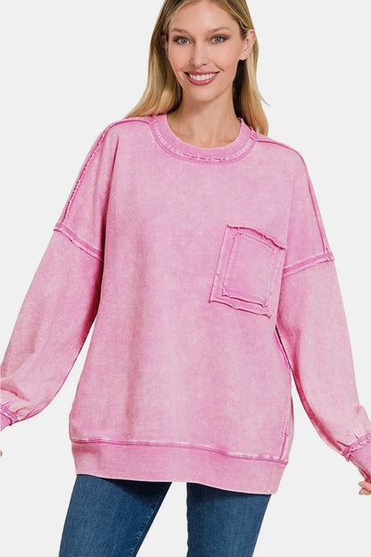Zenana Exposed Seam Round Neck Dropped Shoulder Sweatshirt MAUVE