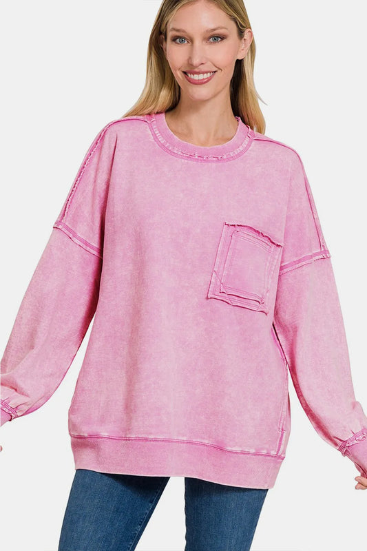 Zenana Exposed Seam Round Neck Dropped Shoulder Sweatshirt MAUVE