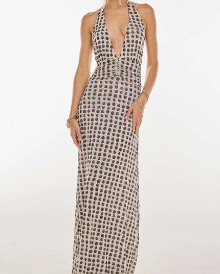 Floral Halter Neck Deep V Maxi Dress Wave Point