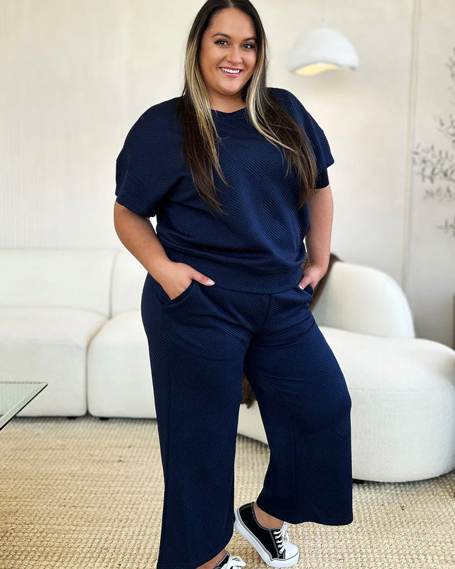 Double Take Full Size Texture Short Sleeve Top and Pants Set