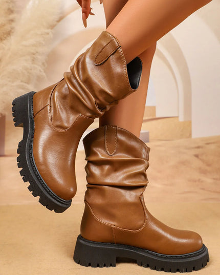 Round Toe Platform Boots Brown