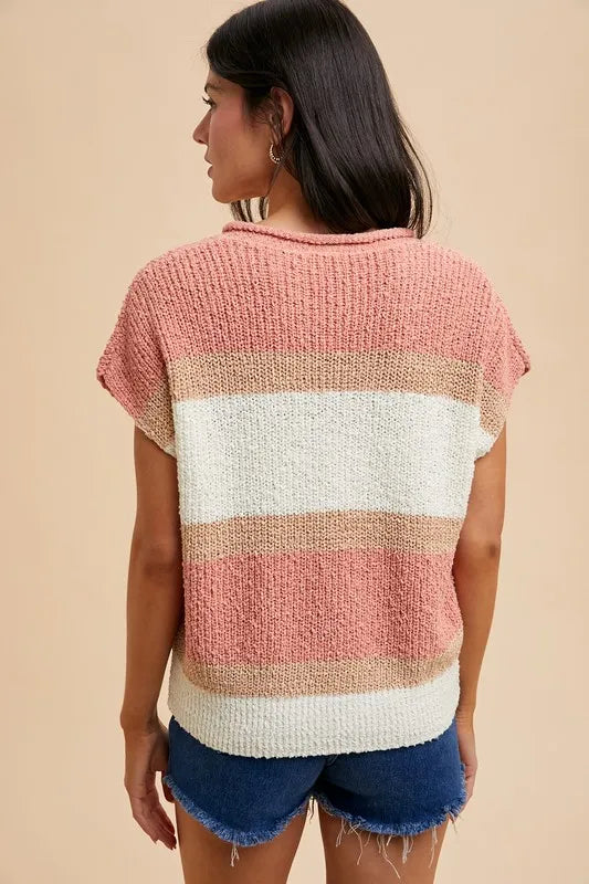 Annie Wear Low Gauge Color Block Textured Sweater Top