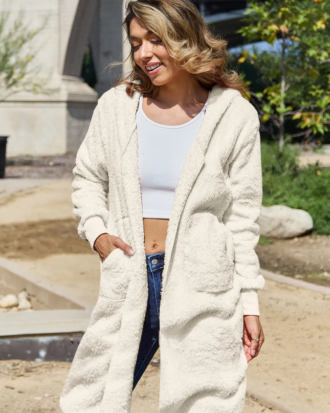 Double Take Full Size Hooded Teddy Bear Jacket with Thumbholes Cream