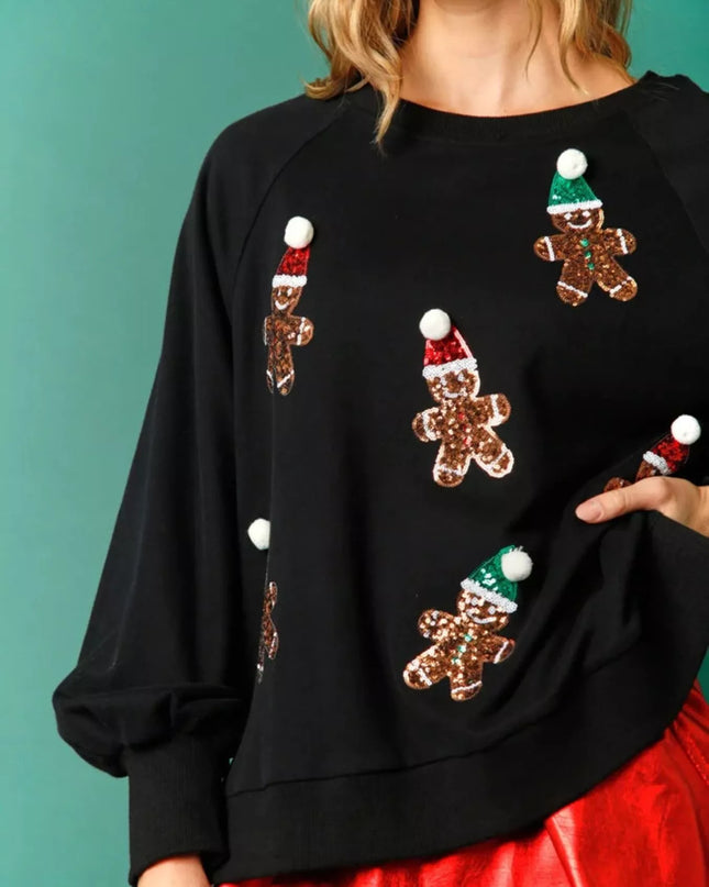 Christmas Sequin Gingerbread Round Neck Sweatshirt
