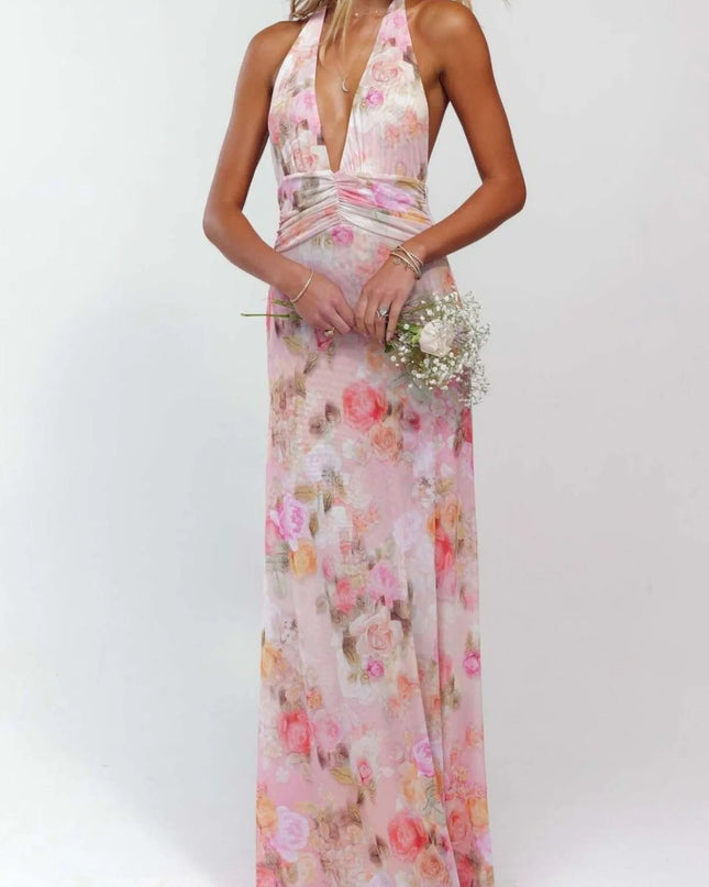 Floral Halter Neck Deep V Maxi Dress Pink