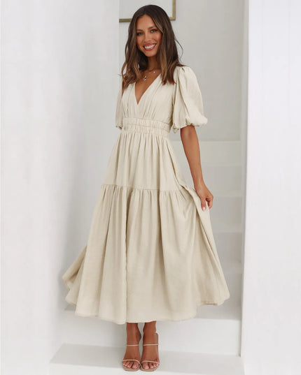 Tiered Surplice Half Sleeve Midi Dress Beige