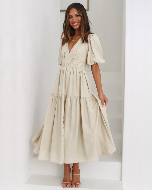 Tiered Surplice Half Sleeve Midi Dress Beige