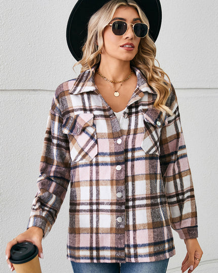 Button Down Collared Plaid Shacket Blush Pink