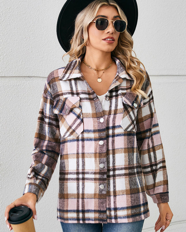 Button Down Collared Plaid Shacket Blush Pink