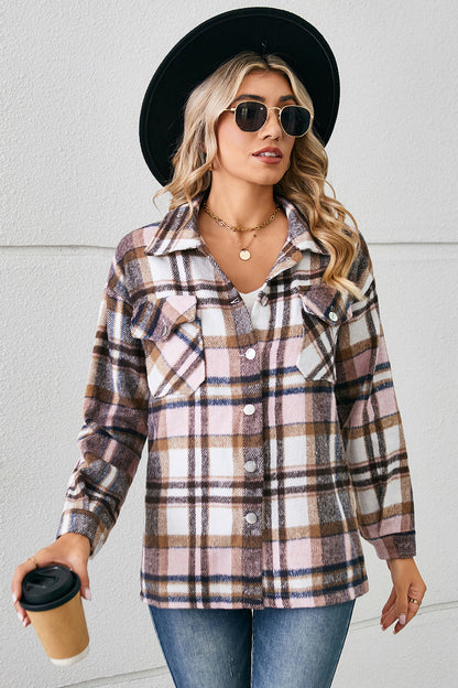 Button Down Collared Plaid Shacket Blush Pink