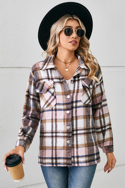 Button Down Collared Plaid Shacket Blush Pink