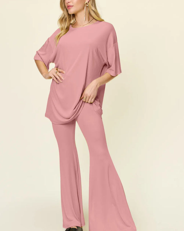 Double Take Full Size Round Neck Drop Shoulder T-Shirt and Flare Pants Set