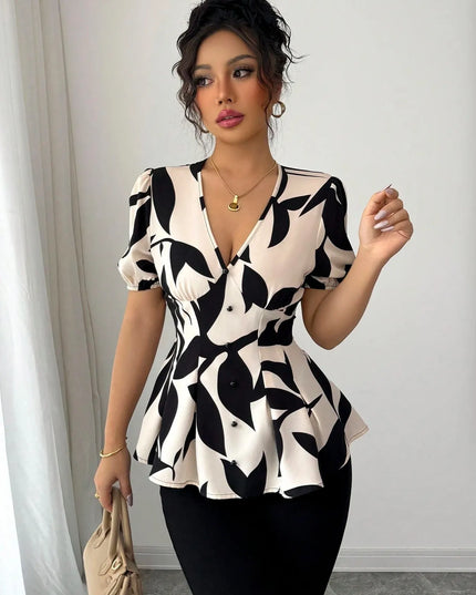 Puff Sleeve Printed Peplum Blouse