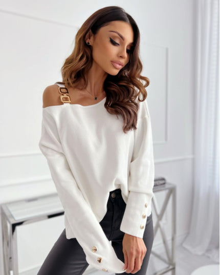 Asymmetrical Neck Buttoned Top White