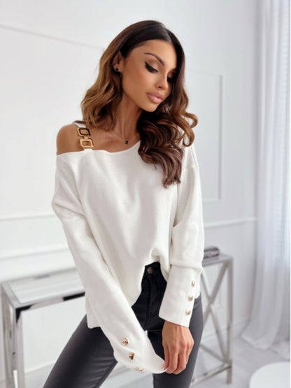 Asymmetrical Neck Buttoned Top White