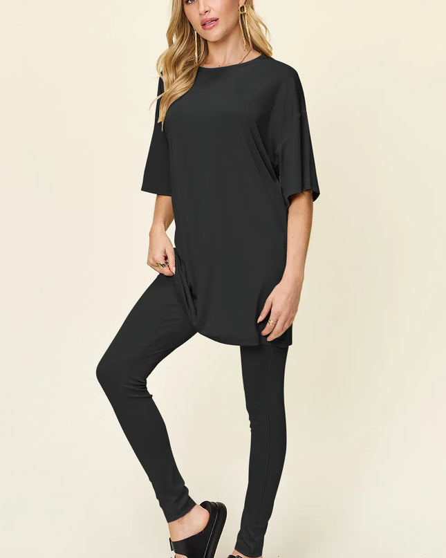 Double Take Full Size Round Neck Dropped Shoulder T-Shirt and Leggings Set