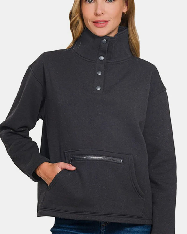 Zenana Turtleneck Half Snap Fleece Sweatshirt Black