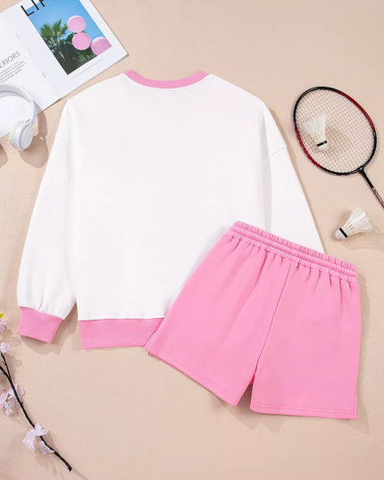 Color Block Sweatshirt and Elastic Waist Shorts Set
