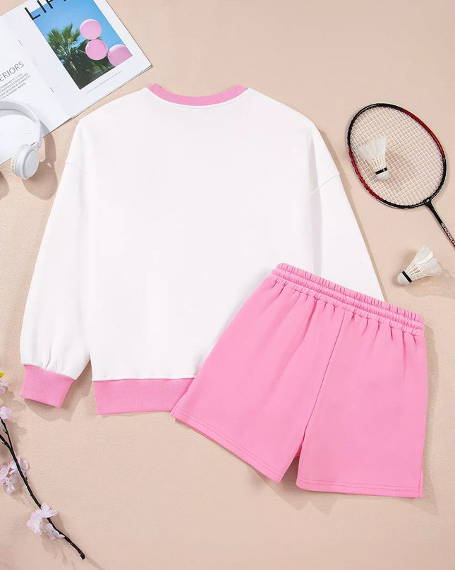 Color Block Sweatshirt and Elastic Waist Shorts Set