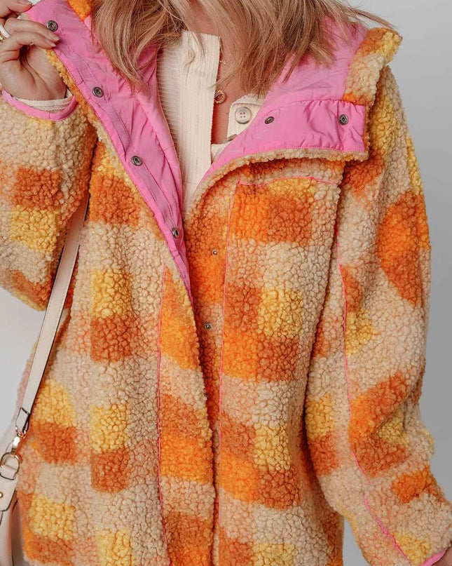 Checkered Long Sleeve Sherpa Hooded Jacket