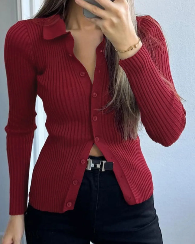 Ribbed Button-Front Long Sleeve Cardigan