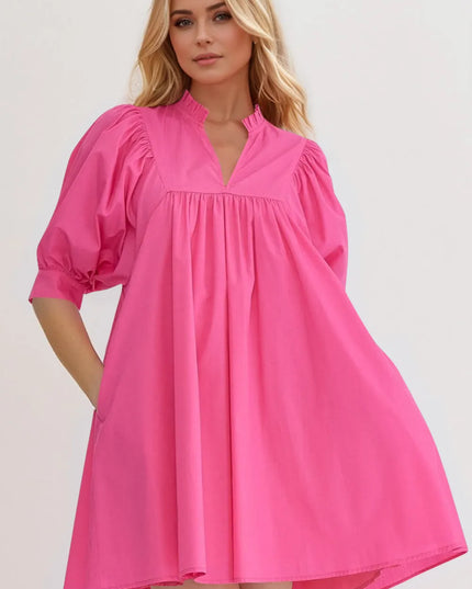 Oh Frill Notched Puff Sleeve Babydoll Mini Dress Hot Pink