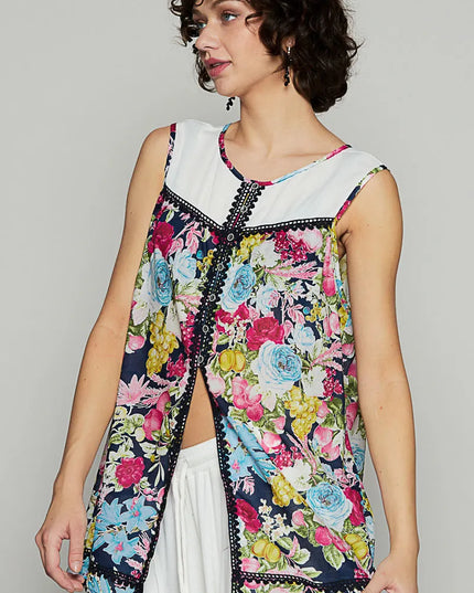 POL Lace Detail Floral Print Sleeveless Blouse