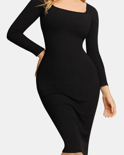 Basic Bae Full Size Built-In Shapewear Square Neck Long Sleeve Dress
