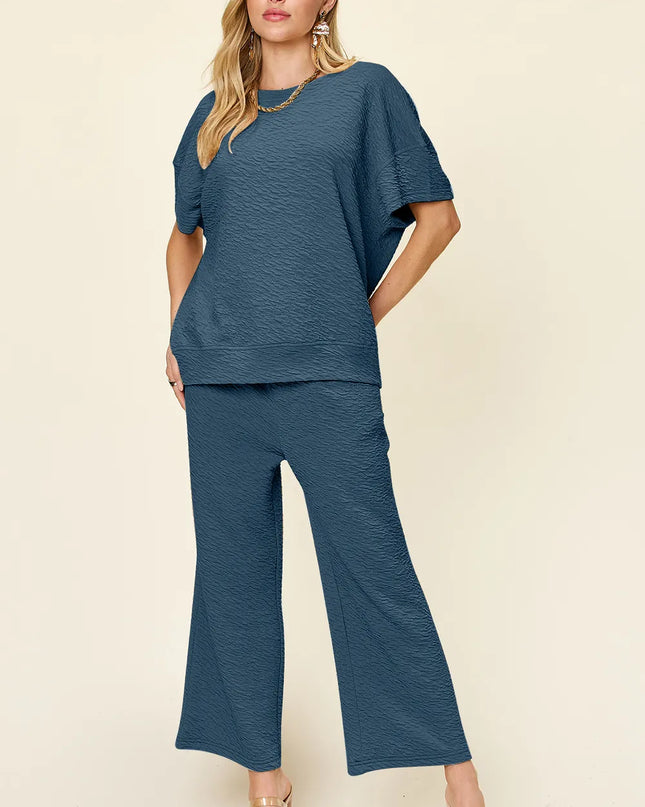 Double Take Full Size Texture Short Sleeve Top and Pants Set
