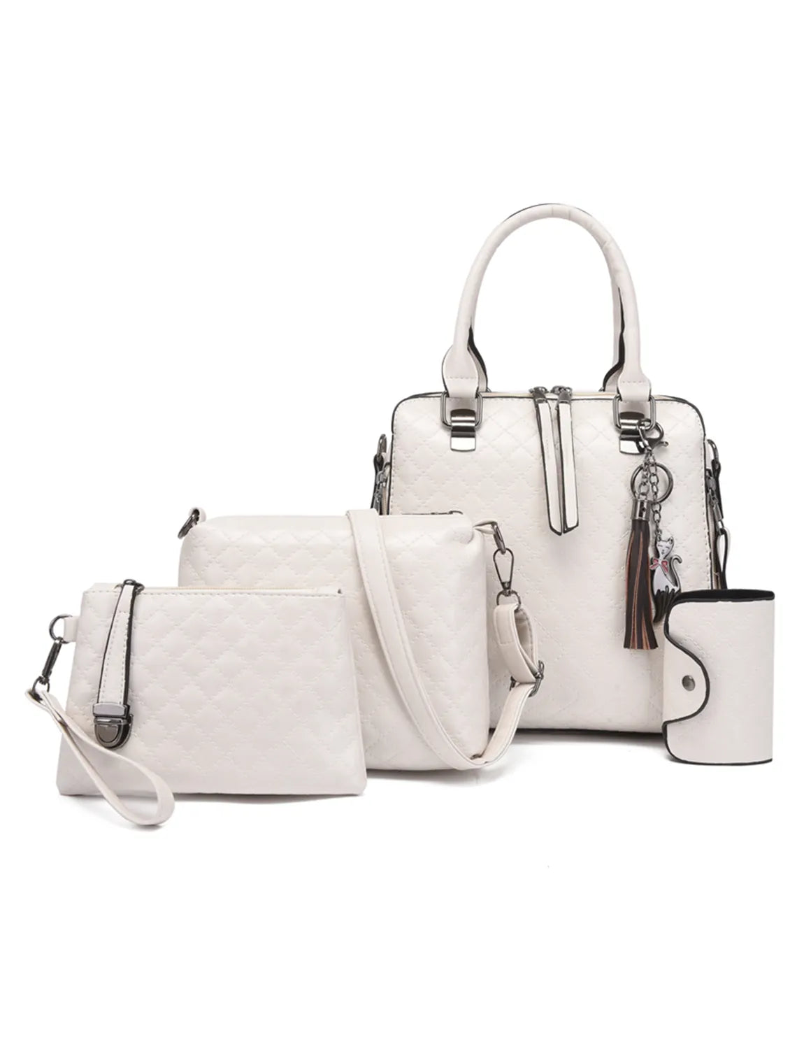4-Piece PU Leather Bag Set with Tassel Detail White onesize