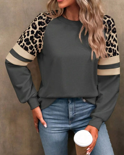 Leopard Round Neck Raglan Sleeve Sweatshirt