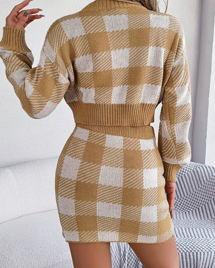 Plaid Round Neck Top and Skirt Sweater Set