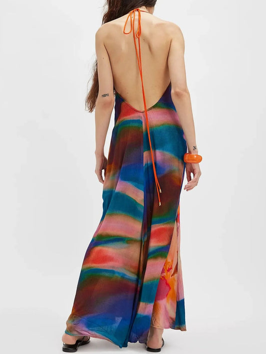 Abstract Print Halter Neck Maxi Cami Dress