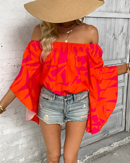 Printed Off-Shoulder Bell Sleeve Blouse Orange