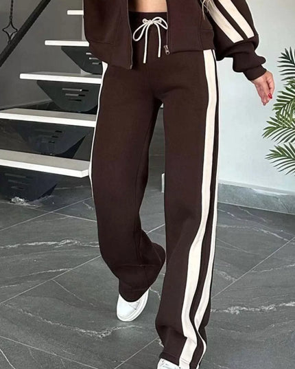 Full Size Contrast Stripe Zip Up Jacket and Pants Set Plus Size