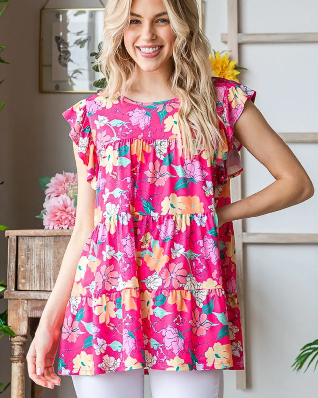 Heimish Full Size Floral Ruffle Sleeve Tiered Blouse Fuchsia Multi