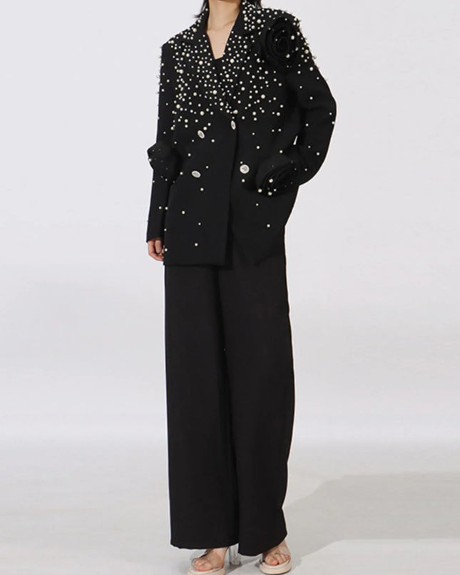 Pearl Embellished Double-Breasted Blazer