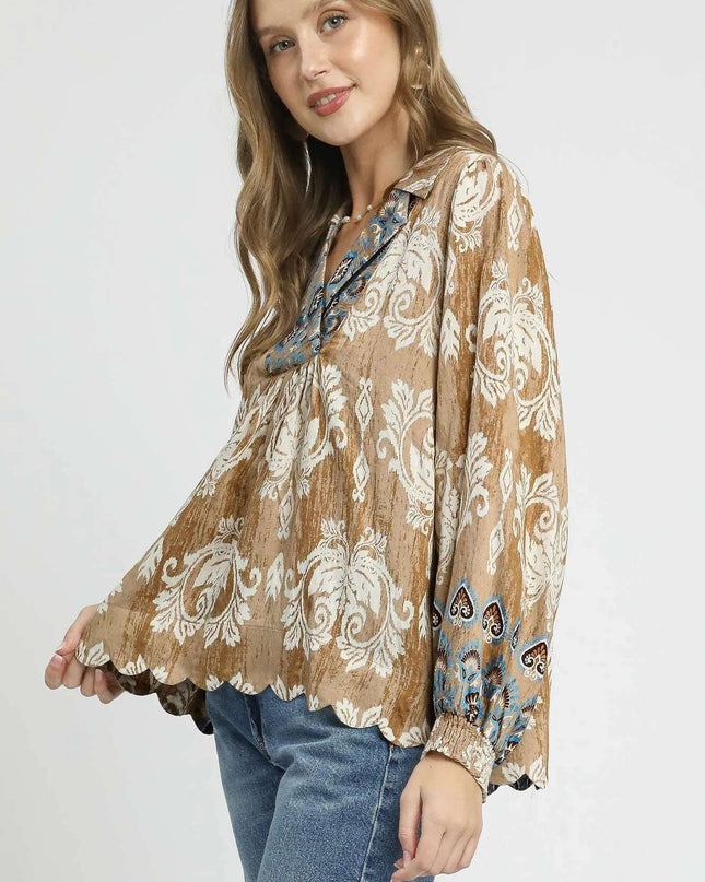 Umgee Floral Boho Blouse with Scalloped Hem