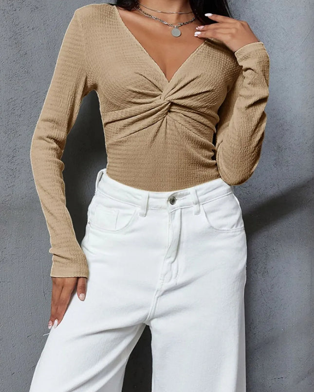 Twisted V-Neck Long Sleeve Blouse