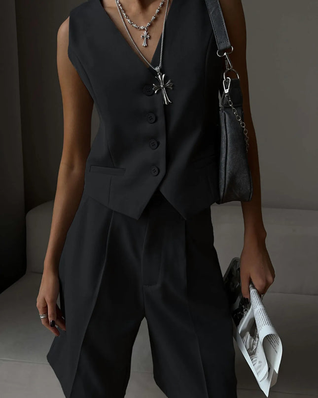 V-Neck Vest and Pants Two-Piece Blazer Set Black