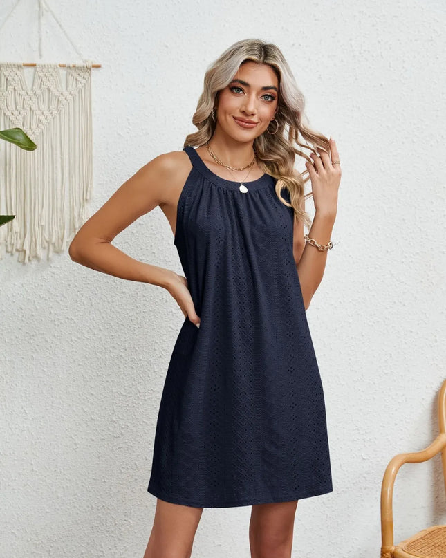Eyelet Round Neck Sleeveless Dress 