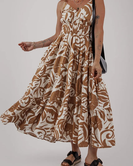 Floral Shirred High Waist Spaghetti Straps Dress