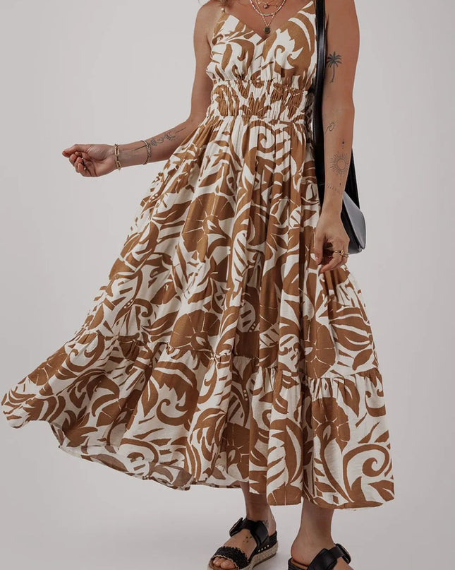 Floral Shirred High Waist Spaghetti Straps Dress