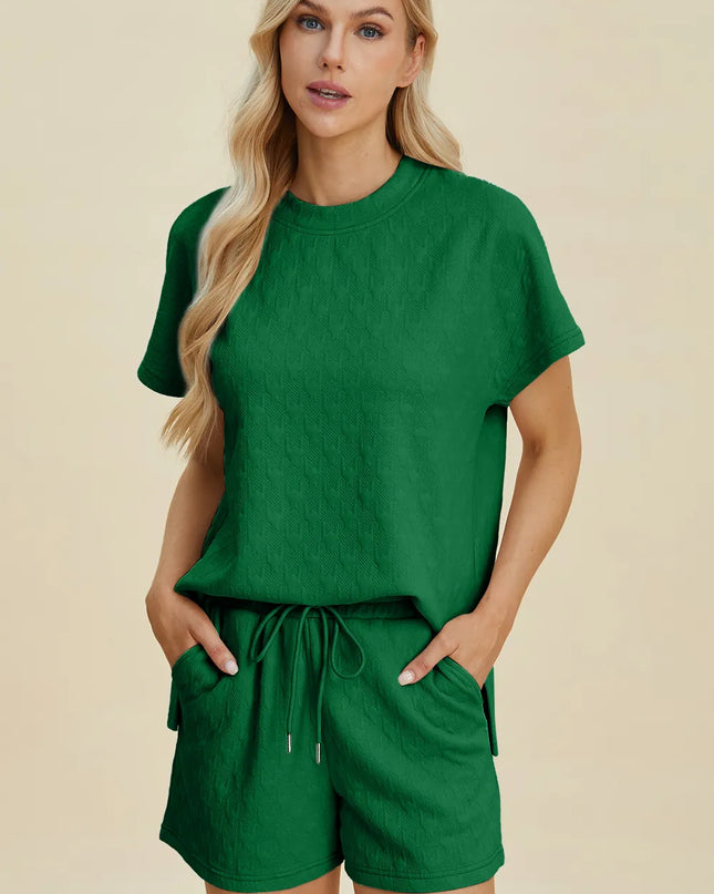 Double Take Full Size Texture Round Neck Short Sleeve Top and Shorts Set Dark Green