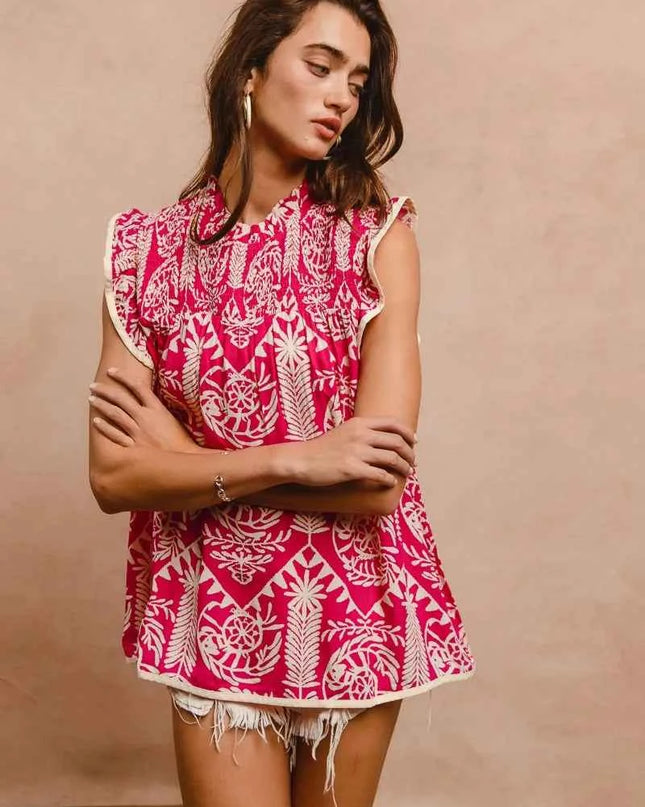 BiBi Printed Ruffle Sleeve Top