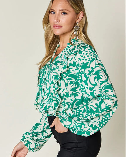 Double Take Full Size Printed Ruffle Trim Balloon Sleeve Shirt