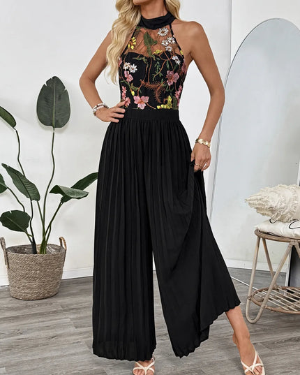 Floral Embroidered Halter Neck Pleated Jumpsuit